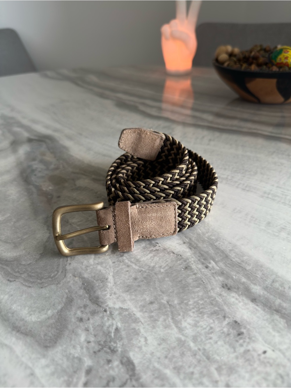Made in Italy Brown Khaki Beige Braided Woven Stretch Belt Suede Buckle